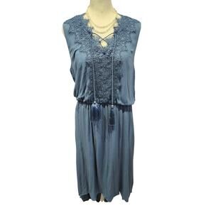 Dressbarn Sleeveless Hi Low Fringe Tassle Dress Blue Medium coastal boho new